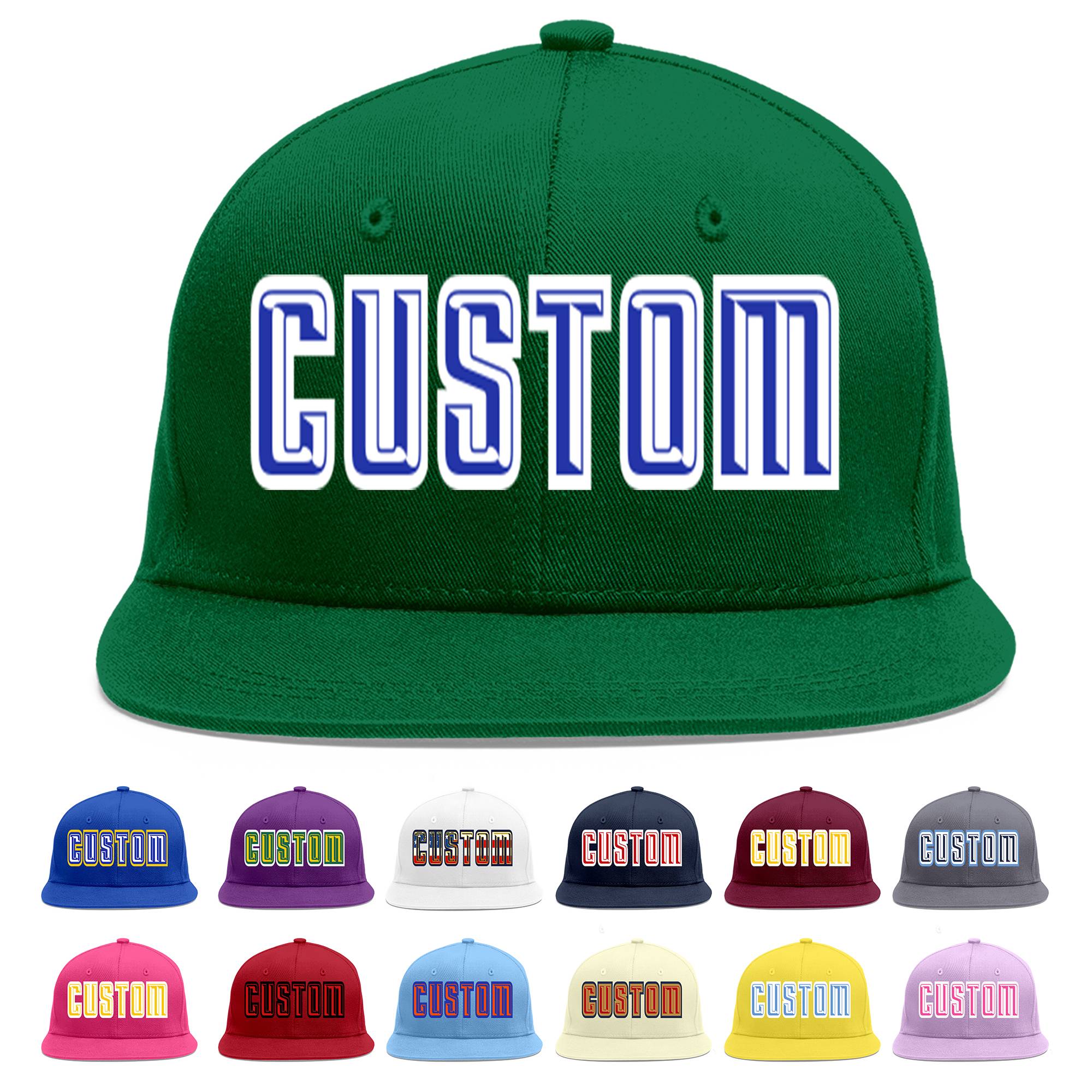 Custom Green Royal-White Flat Eaves Sport Baseball Cap