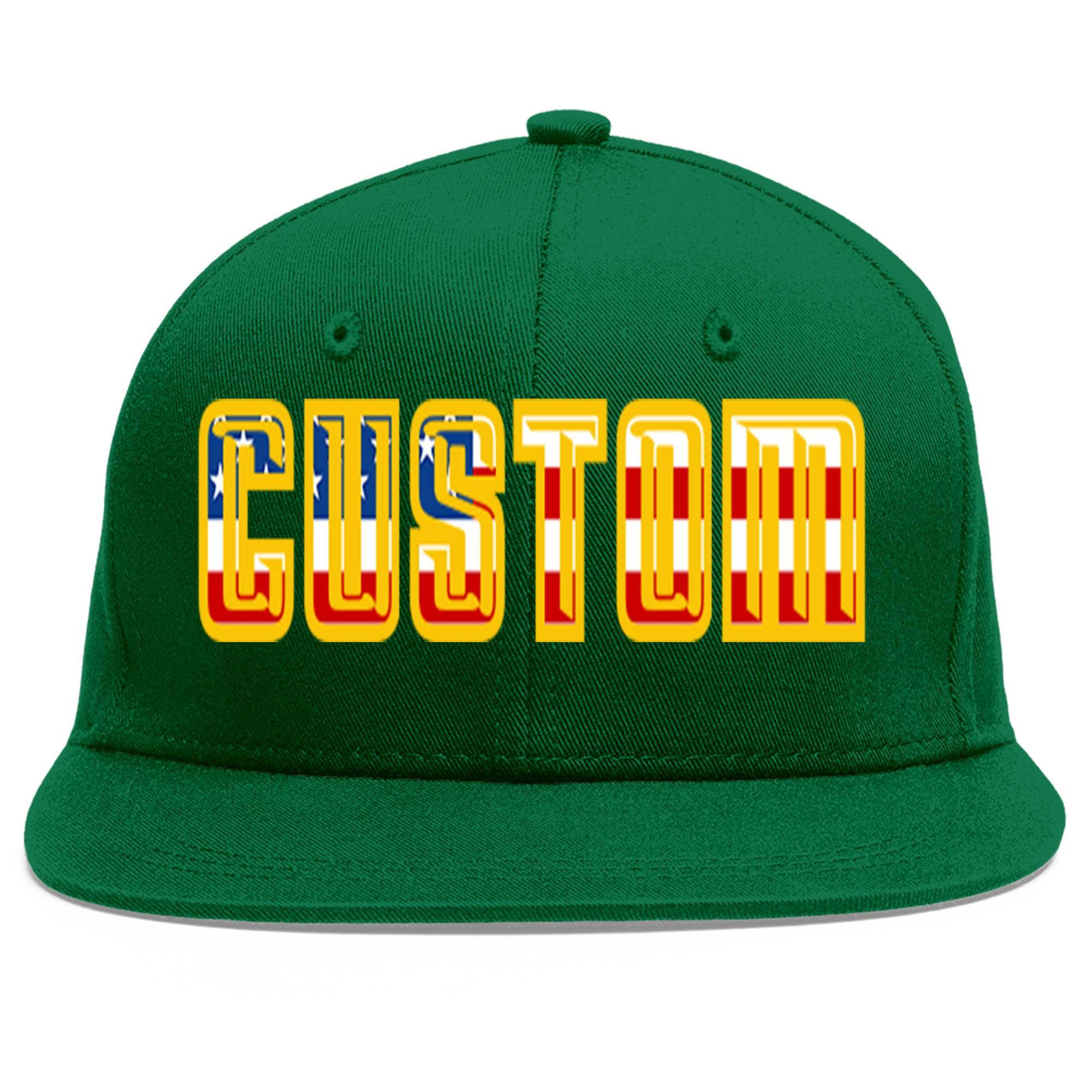 Custom Green Vintage USA Flag-Gold Flat Eaves Sport Baseball Cap