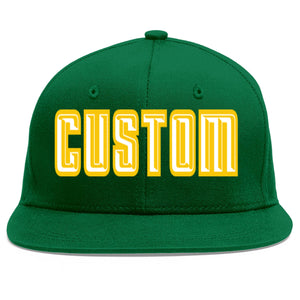 Custom Green White-Gold Flat Eaves Sport Baseball Cap