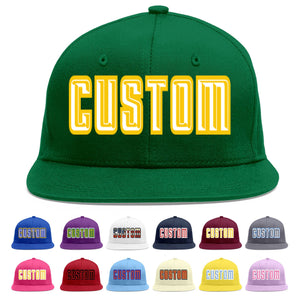 Custom Green White-Gold Flat Eaves Sport Baseball Cap