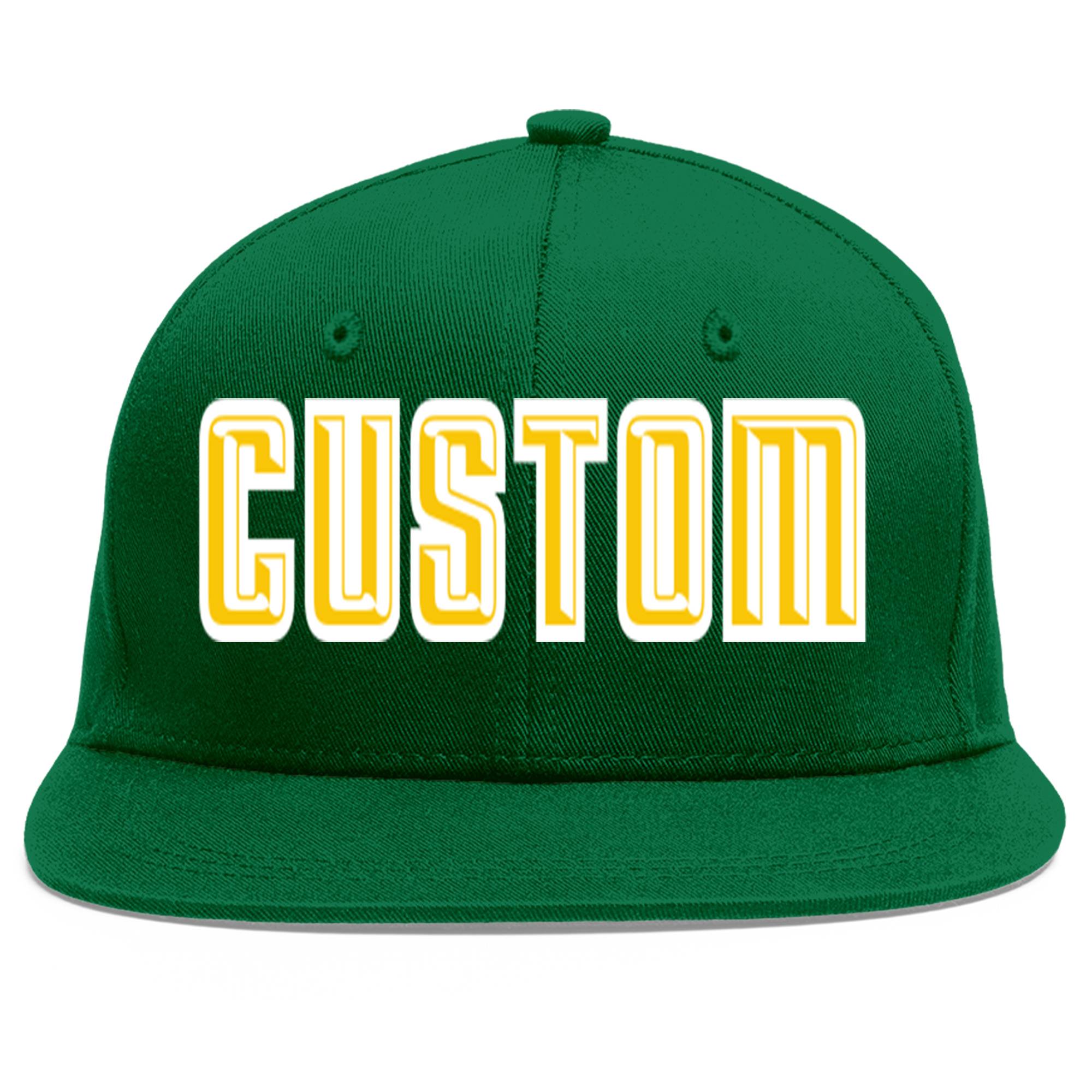 Casquette de baseball sport personnalisée vert or-blanc plat Eaves