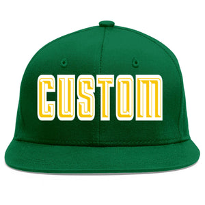 Custom Green Gold-White Flat Eaves Sport Baseball Cap