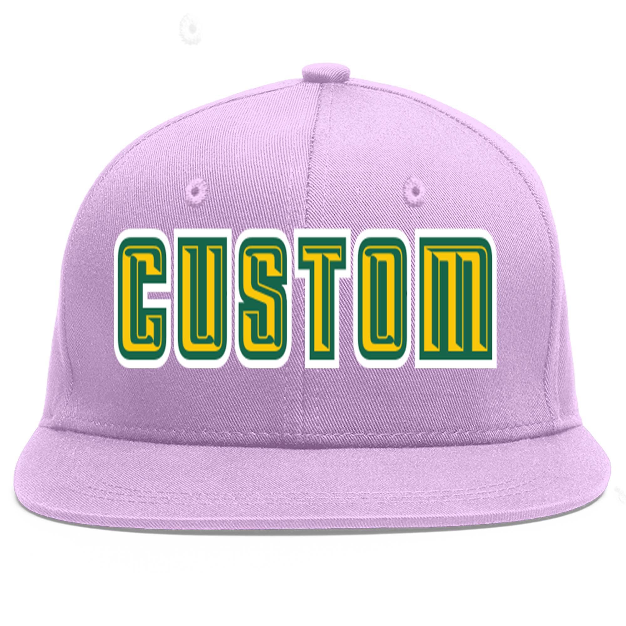 Custom Light Purple Gold-Kelly Green Flat Eaves Sport Baseball Cap