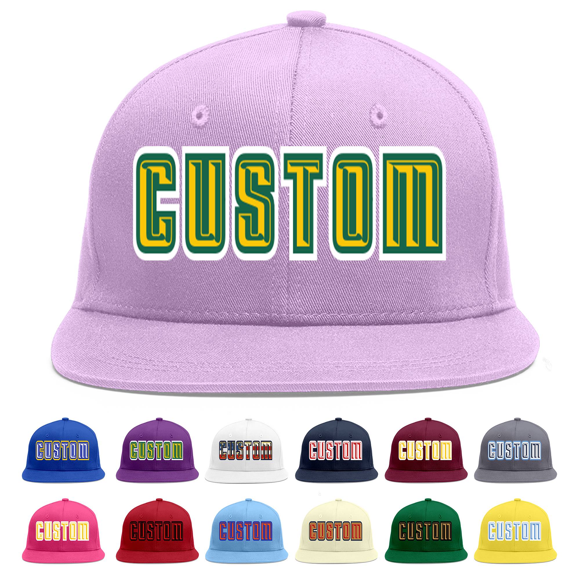 Custom Light Purple Gold-Kelly Green Flat Eaves Sport Baseball Cap