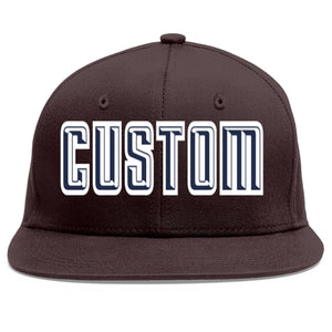 Custom Brown Navy-White Flat Eaves Sport Baseball Cap