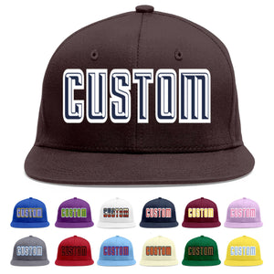 Custom Brown Navy-White Flat Eaves Sport Baseball Cap