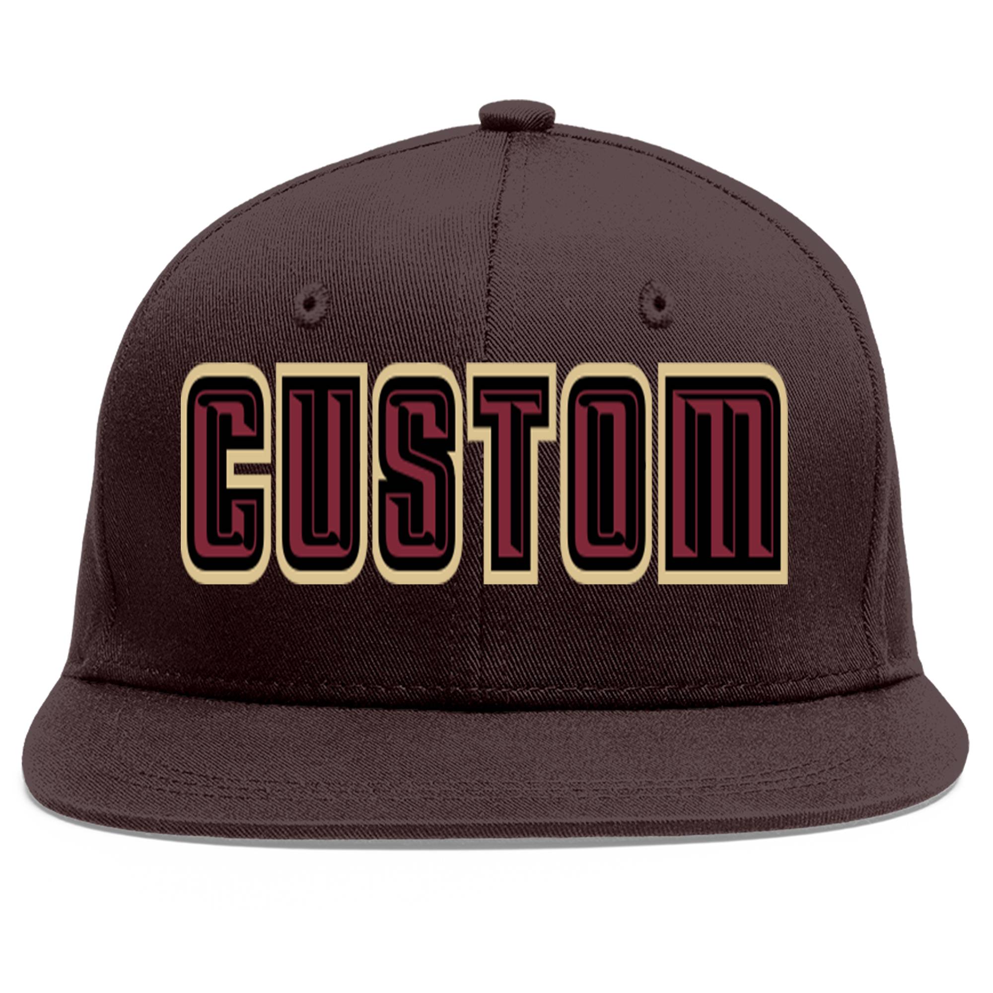 Custom Brown Crimson-Black Flat Eaves Sport Baseball Cap