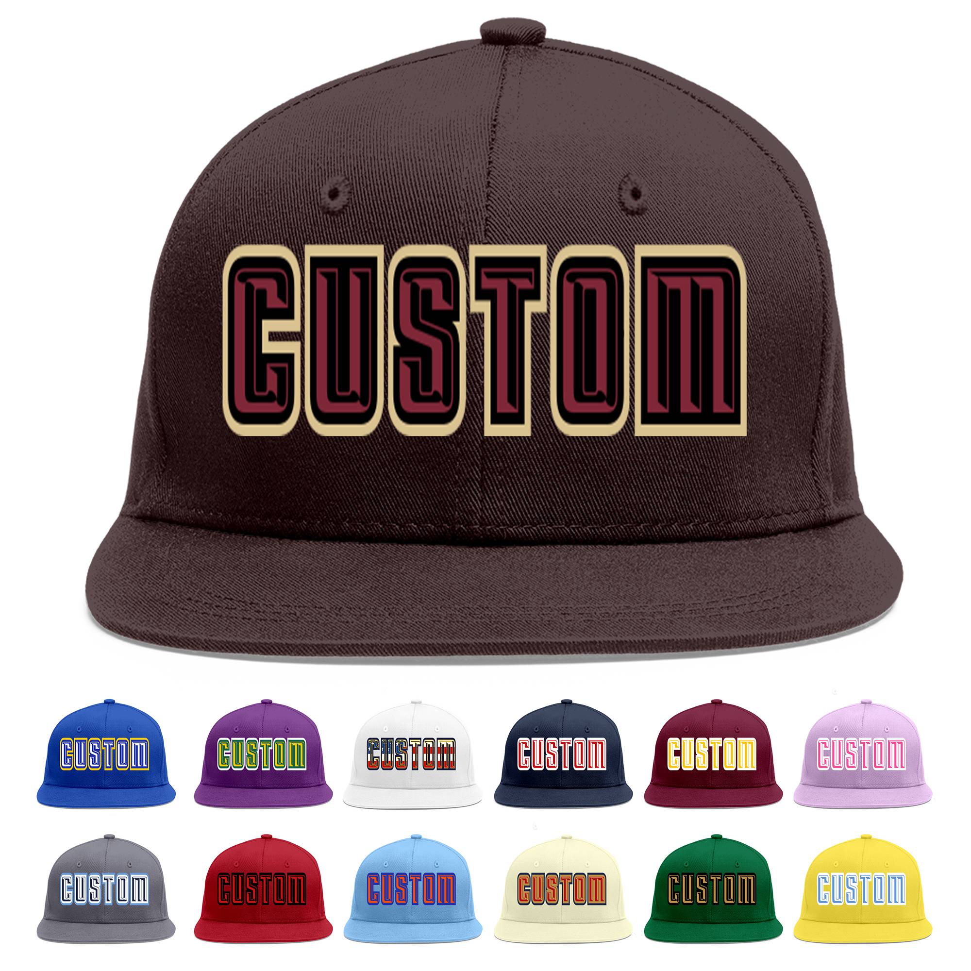 Custom Brown Crimson-Black Flat Eaves Sport Baseball Cap