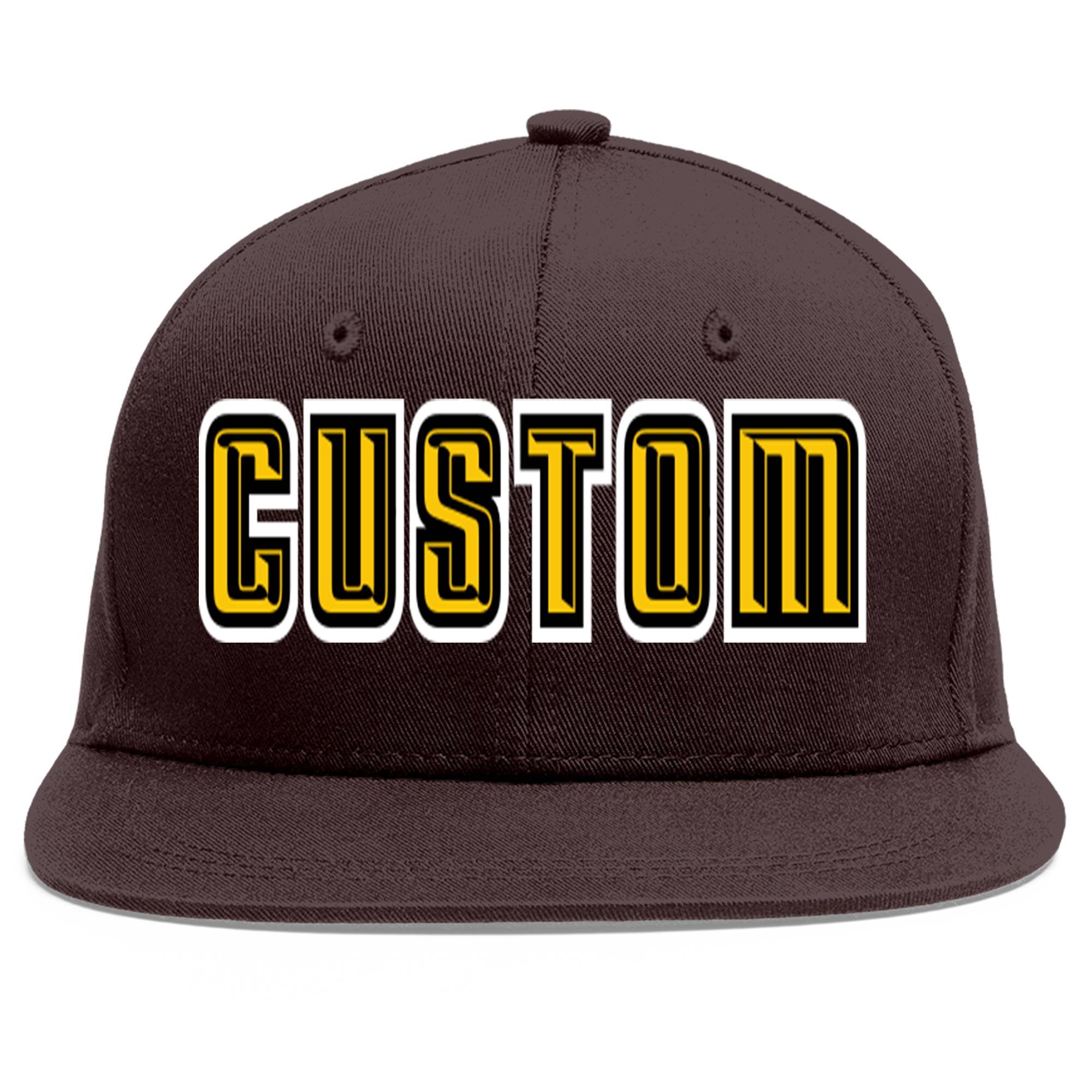 Custom Brown Gold-Black Flat Eaves Sport Baseball Cap