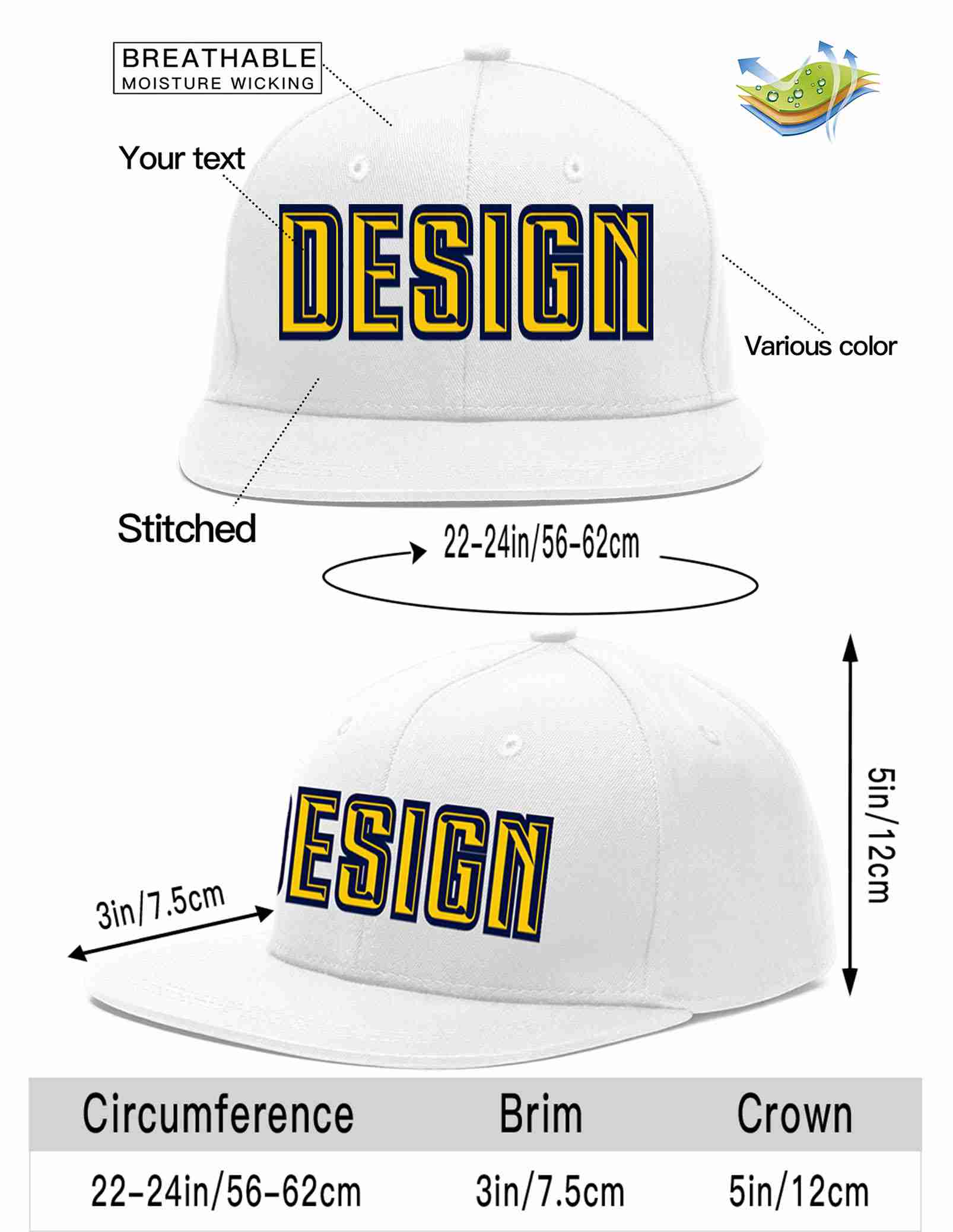 Custom White Gold-Navy Flat Eaves Sport Baseball Cap Design for Men/Women/Youth