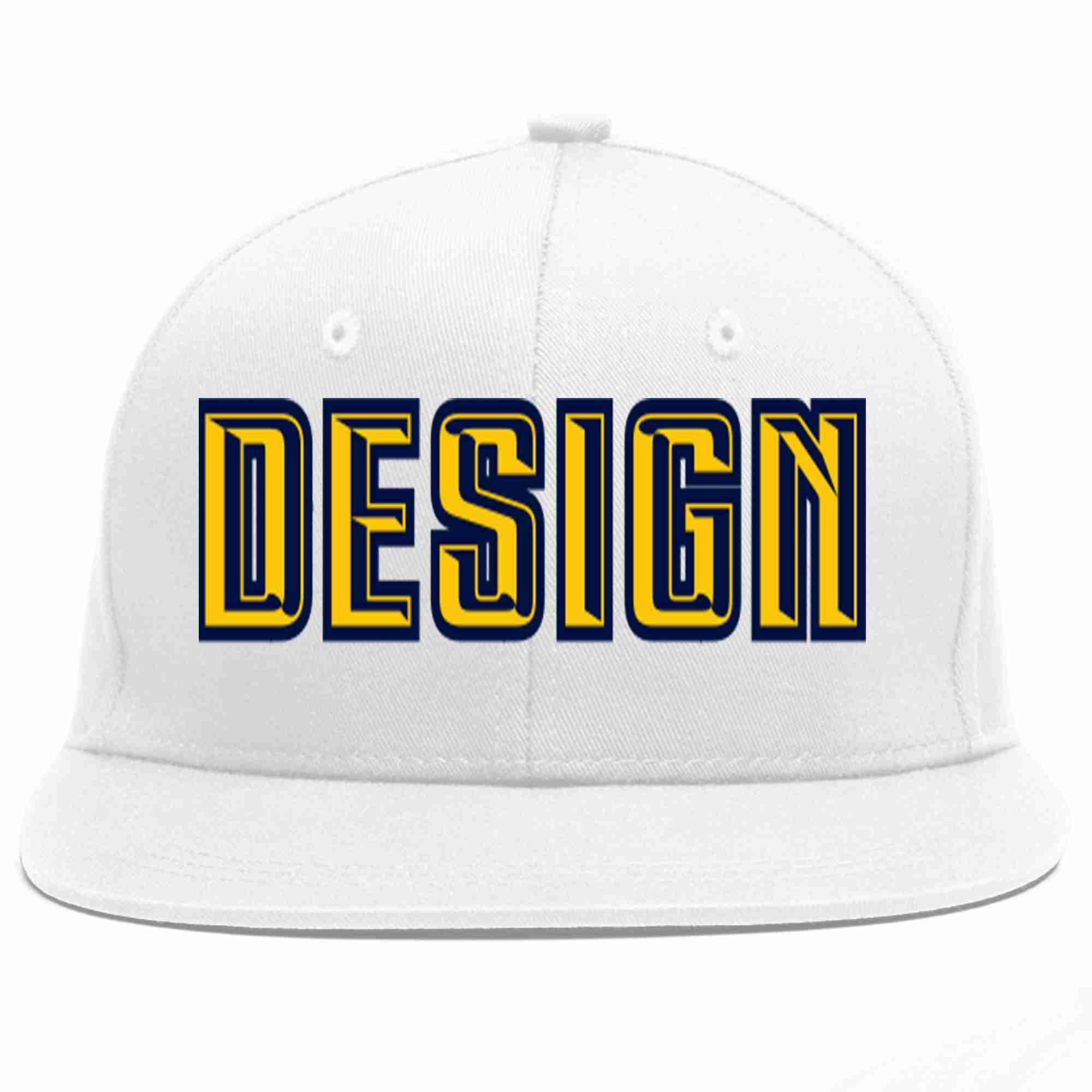 Custom White Gold-Navy Flat Eaves Sport Baseball Cap Design for Men/Women/Youth