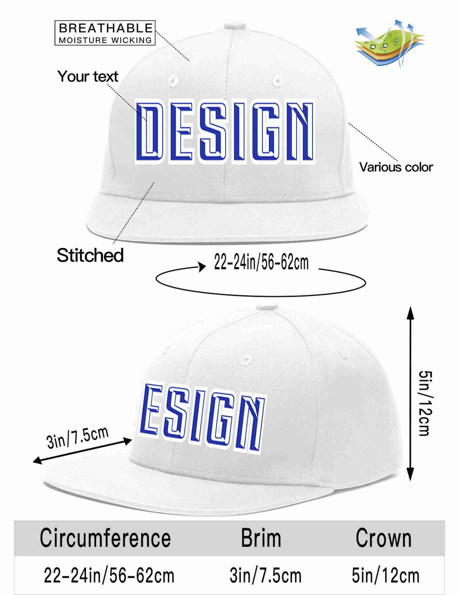 Custom White Royal-White Flat Eaves Sport Baseball Cap Design for Men/Women/Youth