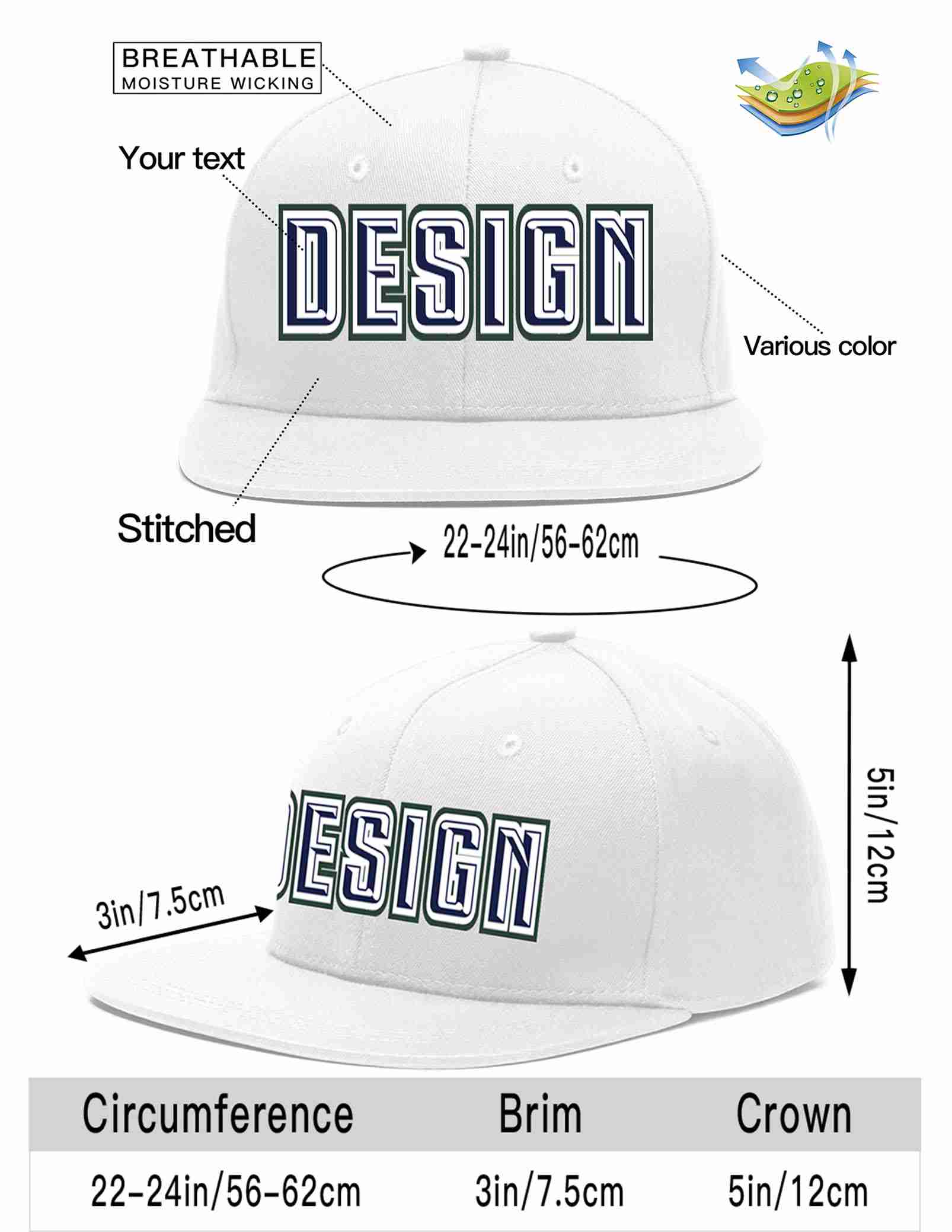 Custom White Navy-White Flat Eaves Sport Baseball Cap Design for Men/Women/Youth