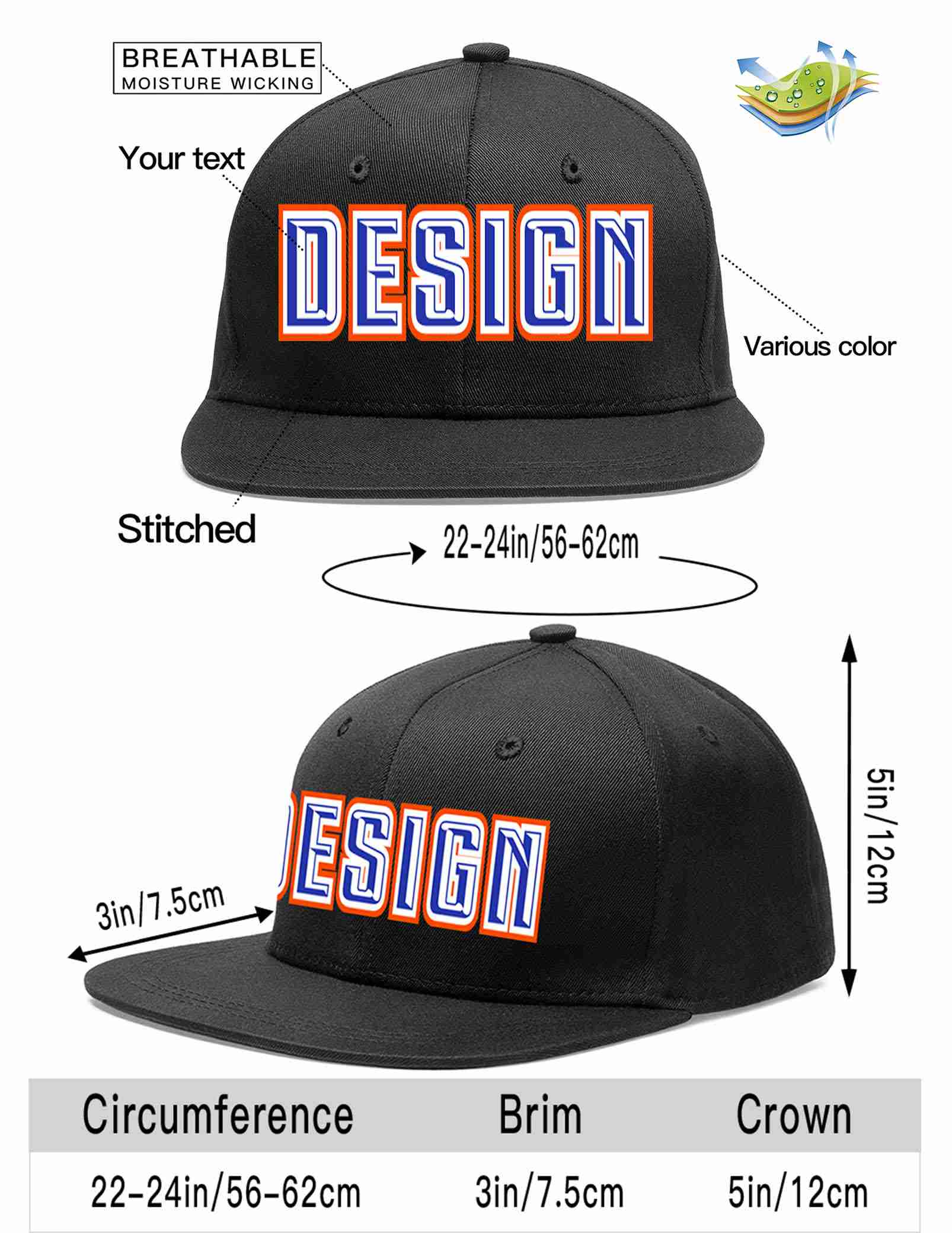 Custom Black Royal-White Flat Eaves Sport Baseball Cap Design for Men/Women/Youth