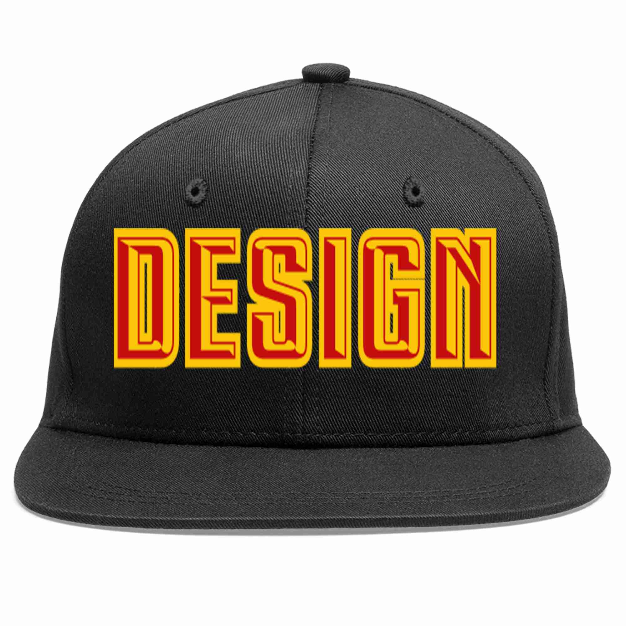 Conception personnalisée de casquette de baseball de sport à avant-toit plat noir rouge-jaune pour hommes/femmes/jeunes