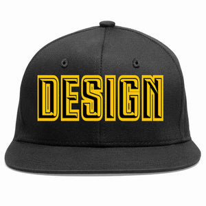 Custom Black Black-Gold Flat Eaves Sport Baseball Cap Design for Men/Women/Youth