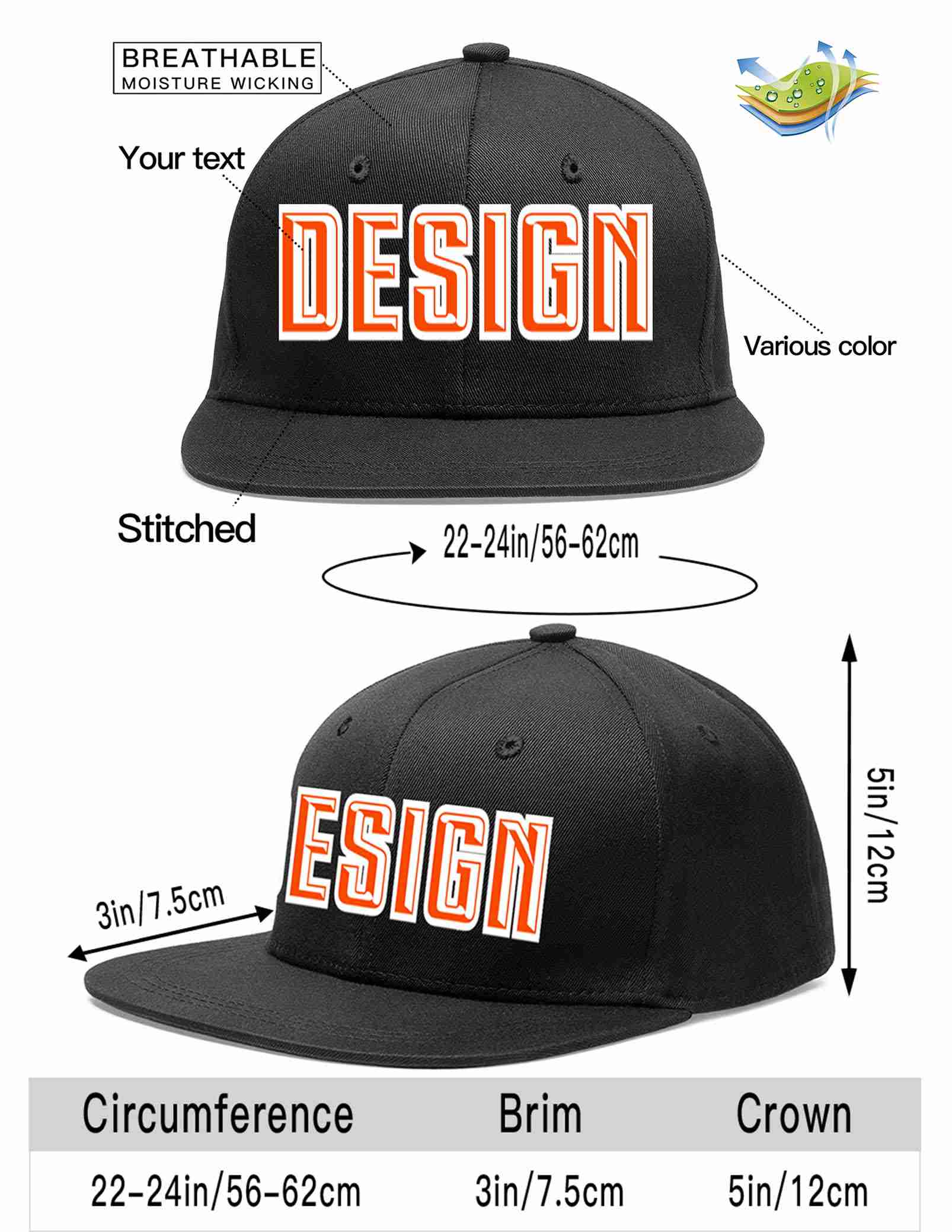 Conception personnalisée de casquette de baseball de sport à avant-toit plat noir orange-blanc pour hommes/femmes/jeunes