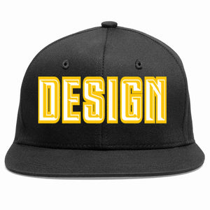 Custom Black White-Gold Flat Eaves Sport Baseball Cap Design for Men/Women/Youth