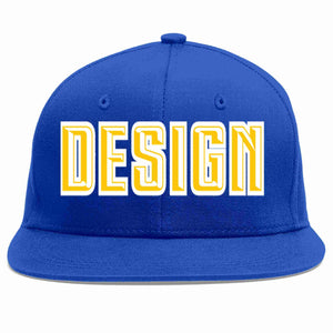 Custom Royal Gold-White Flat Eaves Sport Baseball Cap Design for Men/Women/Youth