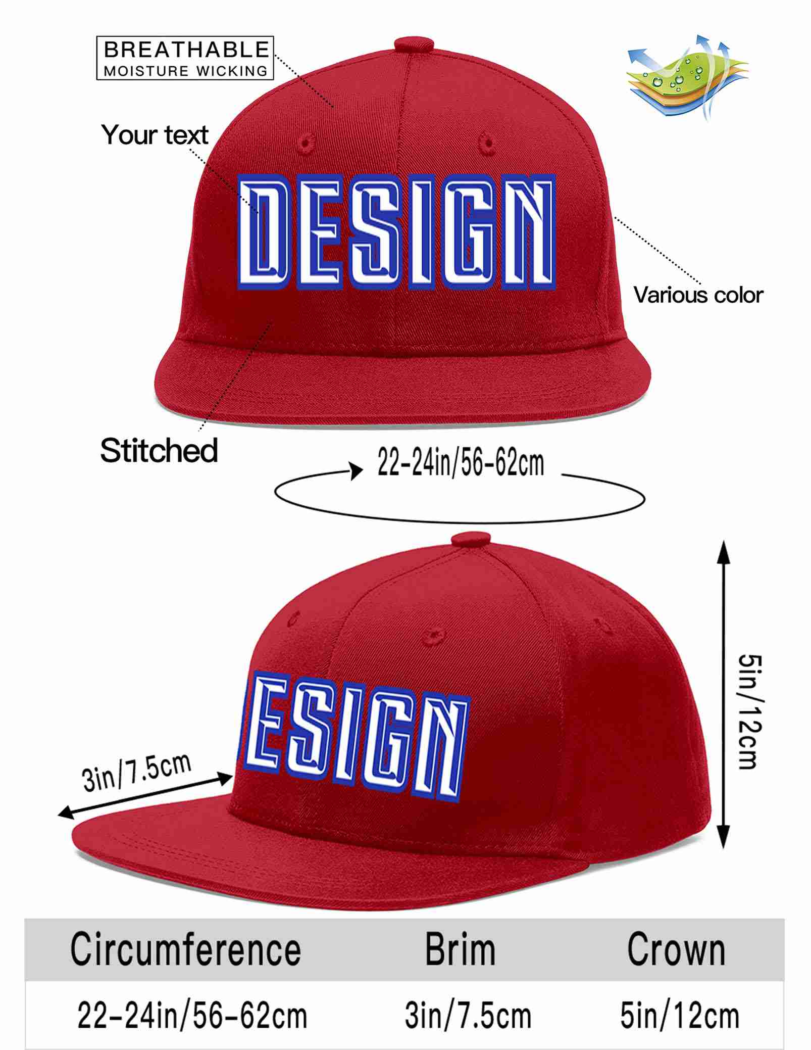 Custom Red White-Royal Flat Eaves Sport Baseball Cap Design for Men/Women/Youth