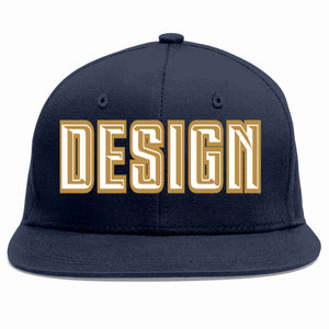 Custom Navy White-Old Gold Flat Eaves Sport Baseball Cap Design for Men/Women/Youth