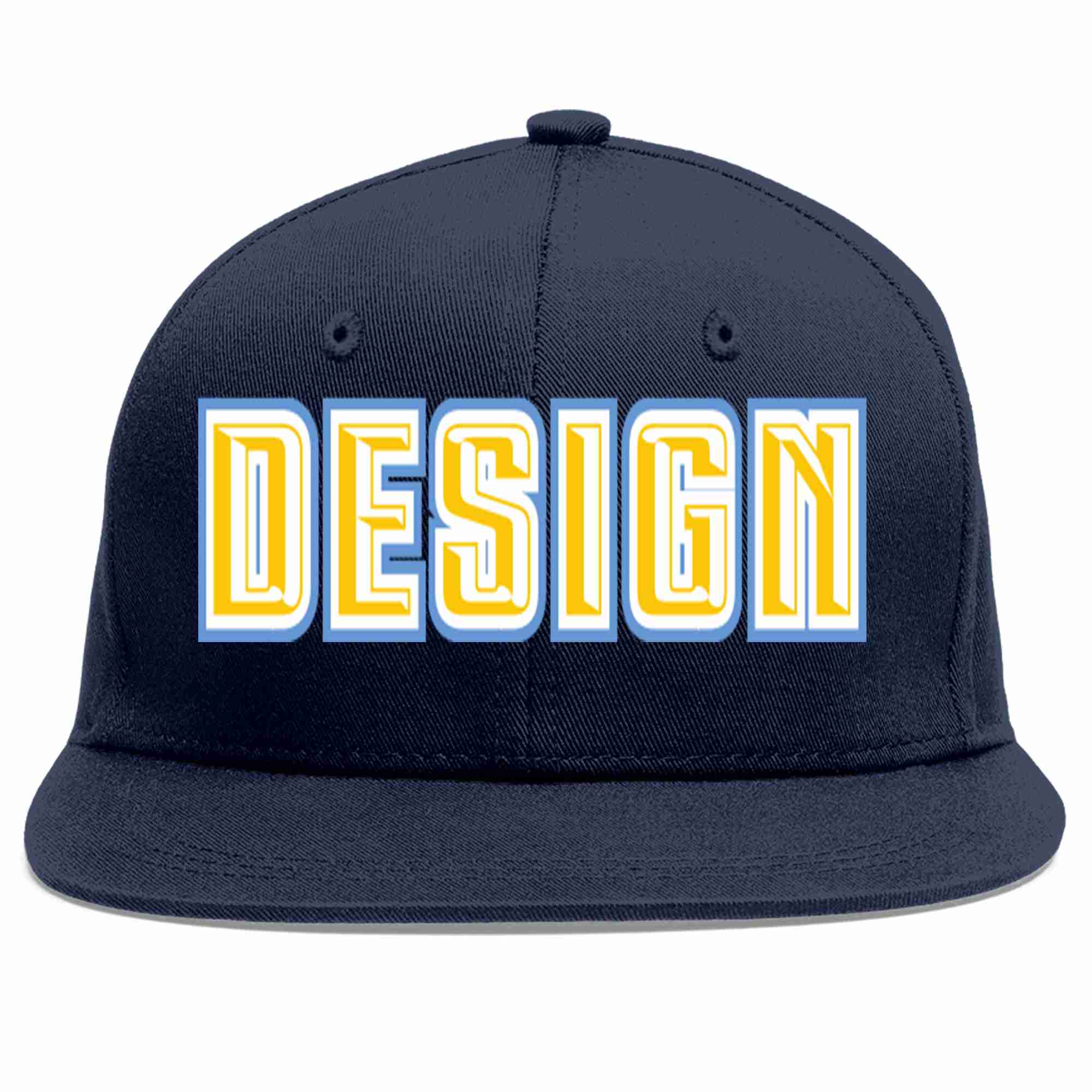 Conception personnalisée de casquette de baseball de sport à avant-toit plat bleu marine or-blanc pour hommes/femmes/jeunes