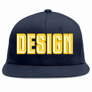 Custom Navy White-Gold Flat Eaves Sport Baseball Cap Design for Men/Women/Youth