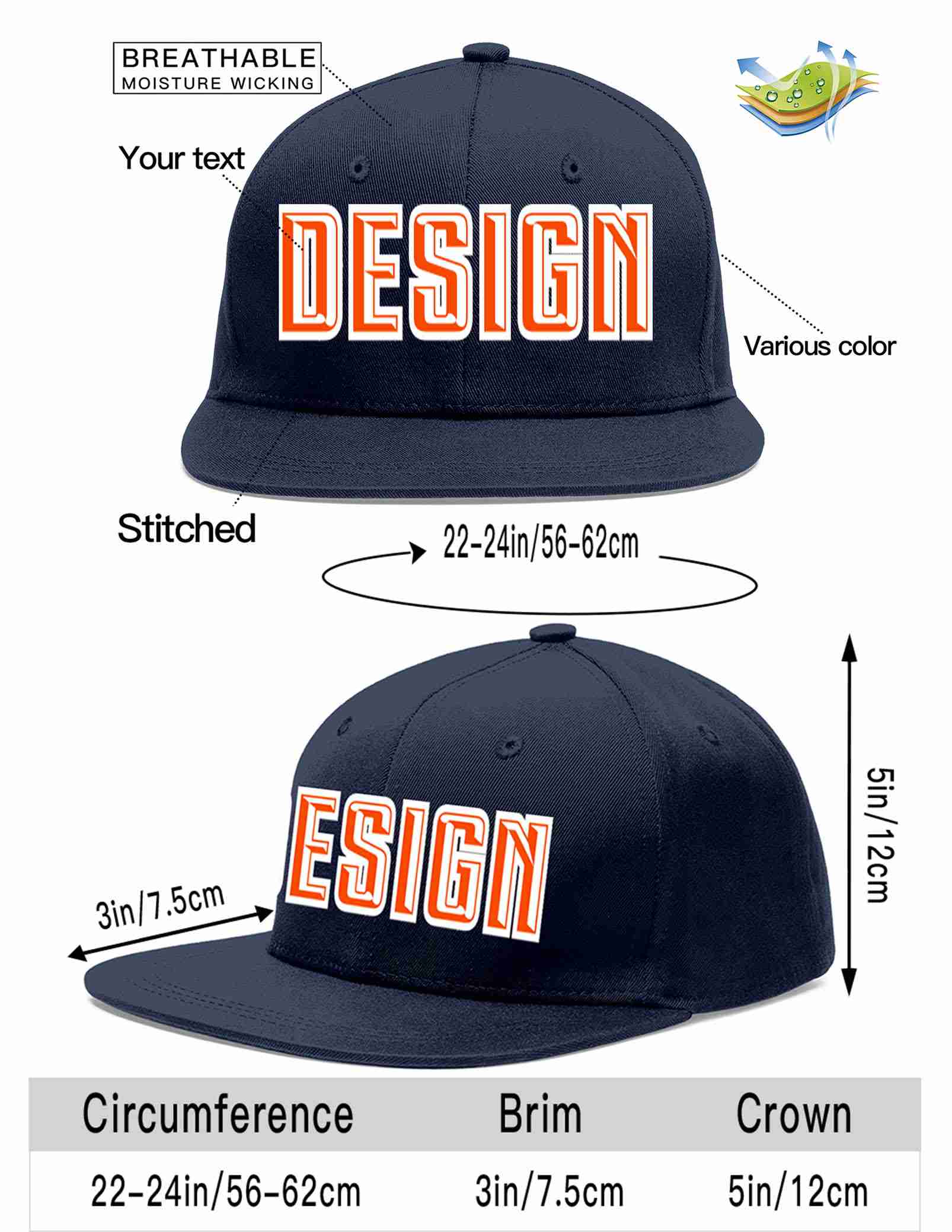 Conception personnalisée de casquette de baseball de sport à avant-toit plat orange-blanc marine pour hommes/femmes/jeunes