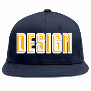 Custom Navy Yellow-White Flat Eaves Sport Baseball Cap Design for Men/Women/Youth