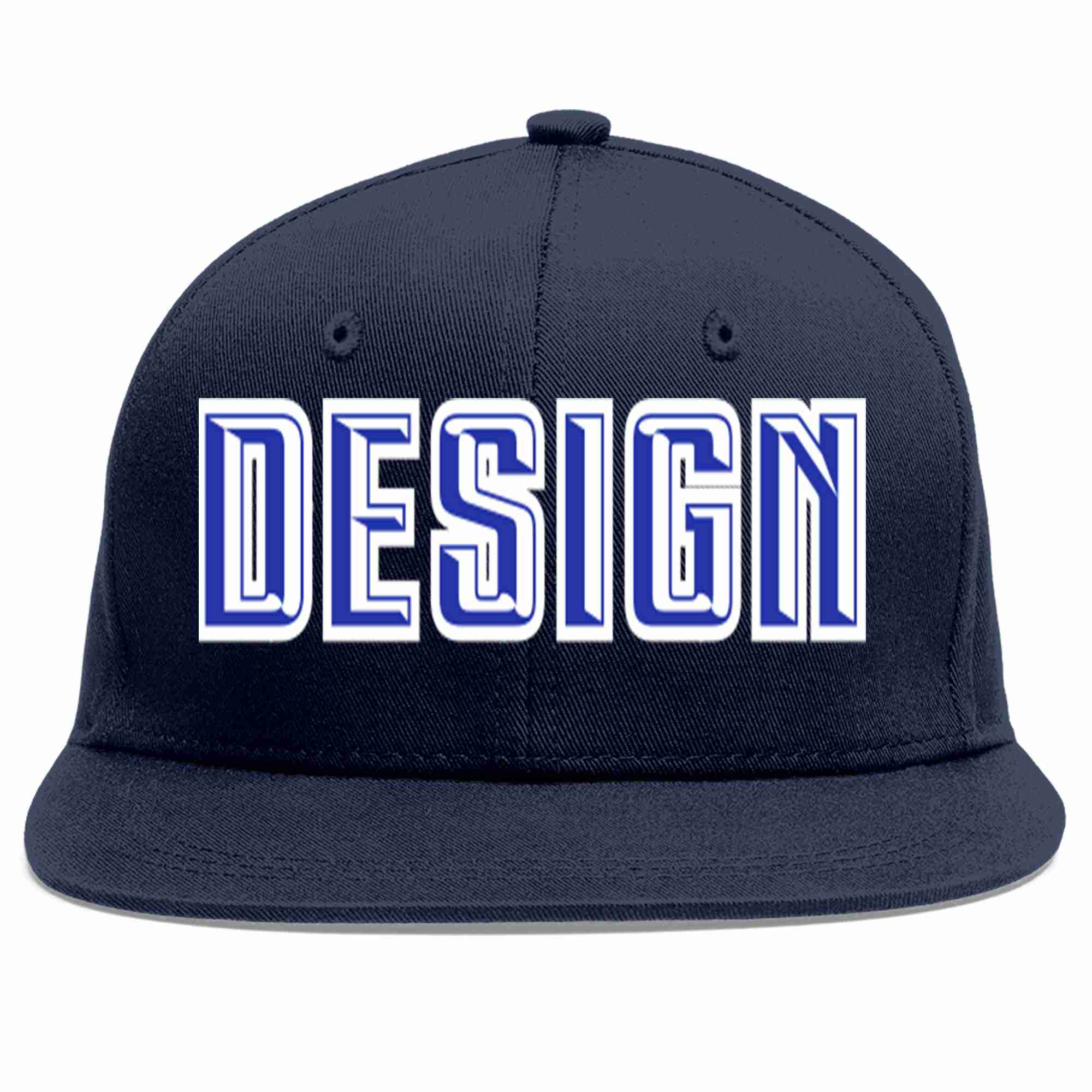 Conception personnalisée de casquette de baseball de sport à avant-toit plat bleu marine royal-blanc pour hommes/femmes/jeunes