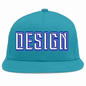 Custom Aqua White-Royal Flat Eaves Sport Baseball Cap Design for Men/Women/Youth