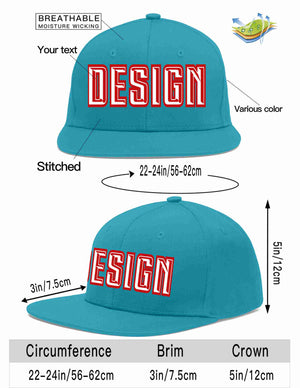 Custom Aqua White-Red Flat Eaves Sport Baseball Cap Design for Men/Women/Youth