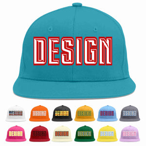 Custom Aqua White-Red Flat Eaves Sport Baseball Cap Design for Men/Women/Youth