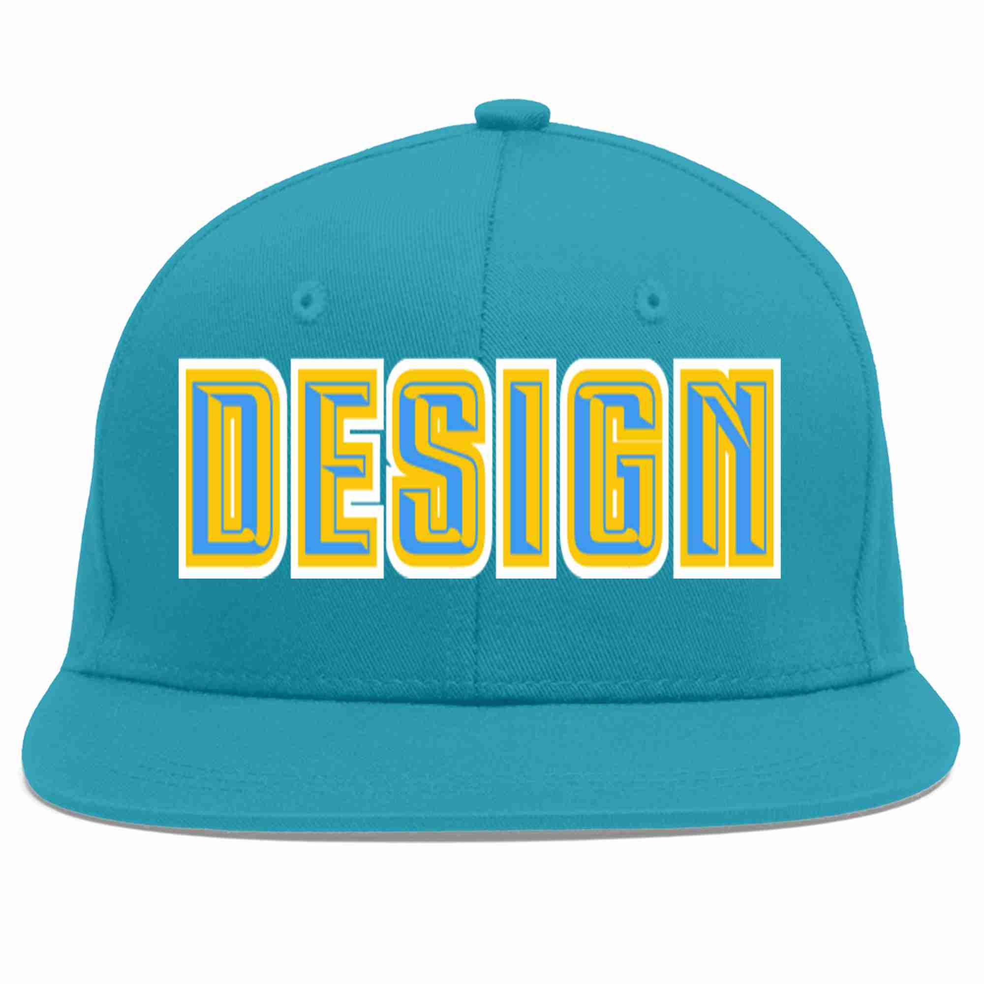 Custom Aqua Powder Blue-Gold Flat Eaves Sport Baseball Cap Design for Men/Women/Youth