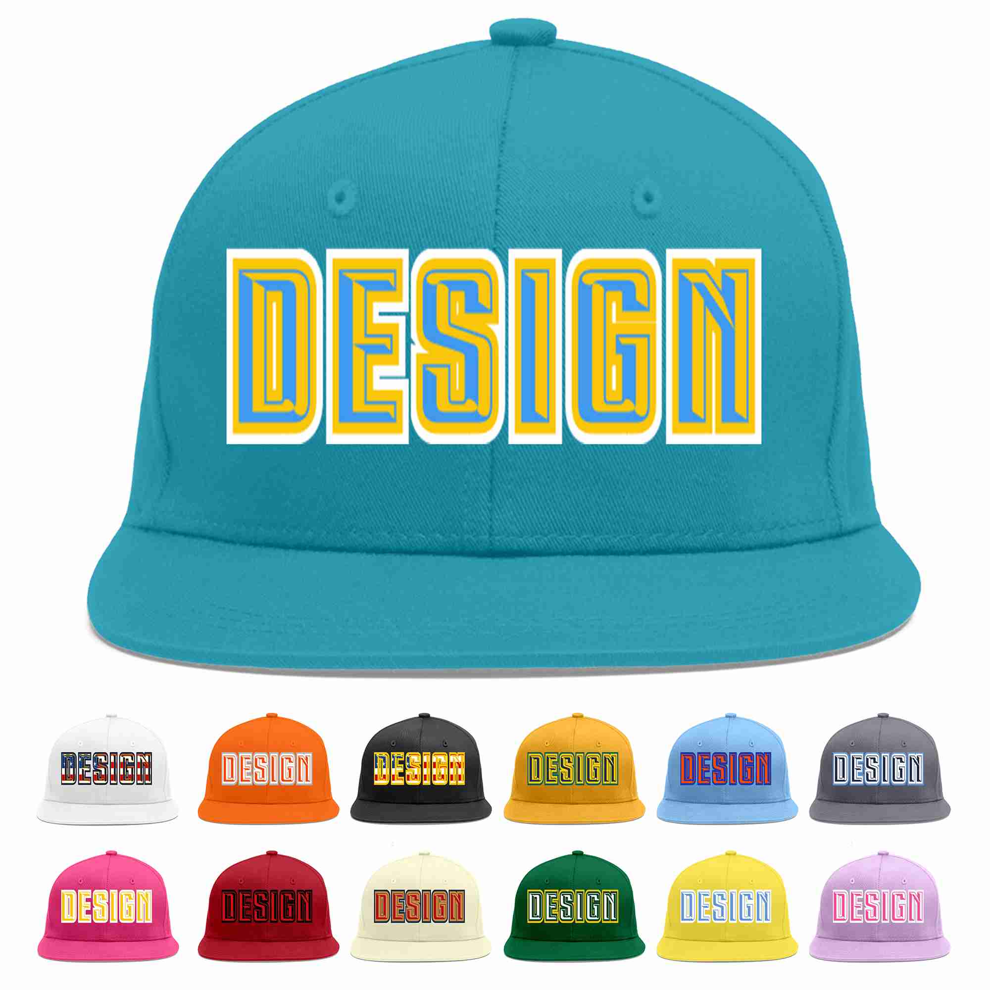 Custom Aqua Powder Blue-Gold Flat Eaves Sport Baseball Cap Design for Men/Women/Youth