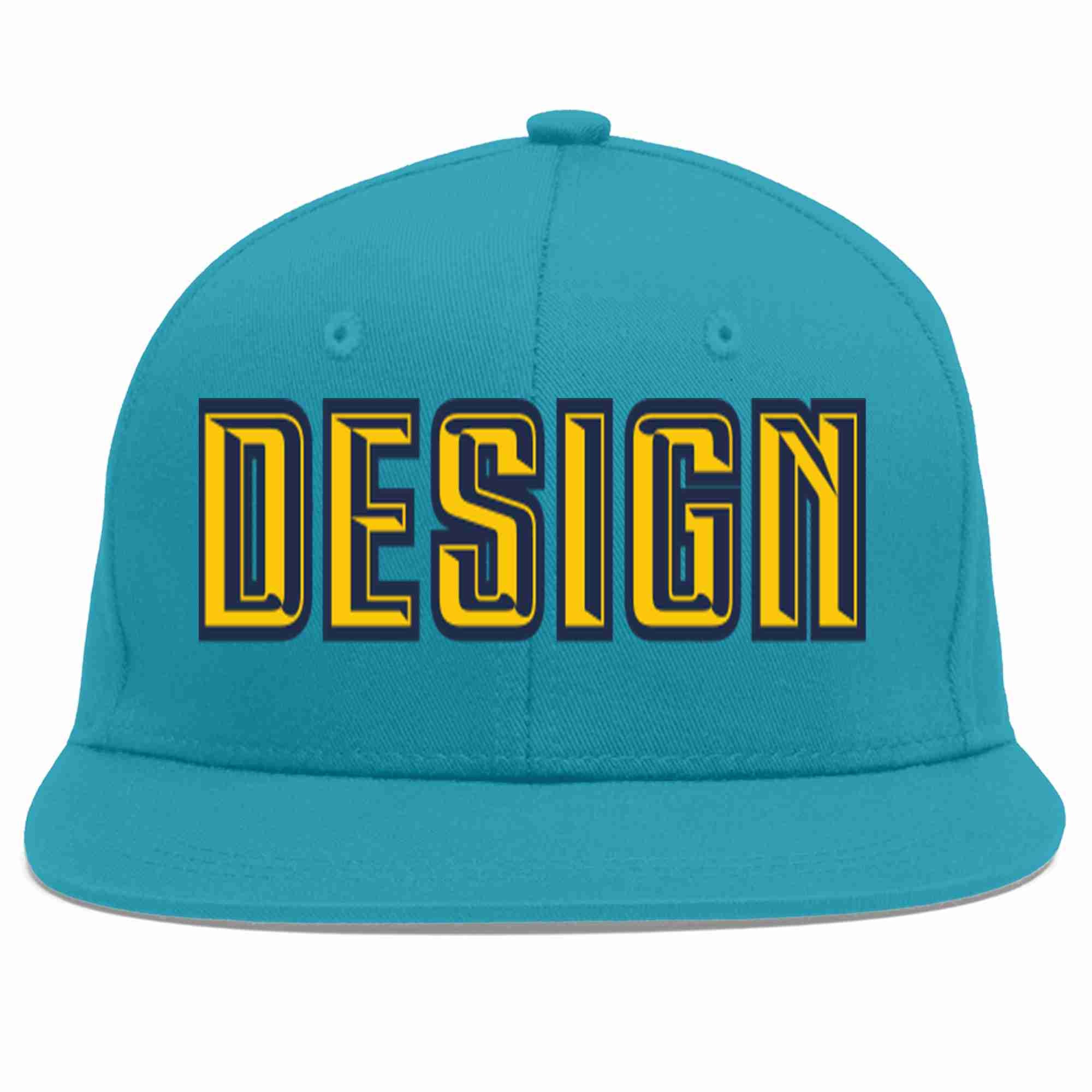 Custom Aqua Gold-Navy Flat Eaves Sport Baseball Cap Design for Men/Women/Youth