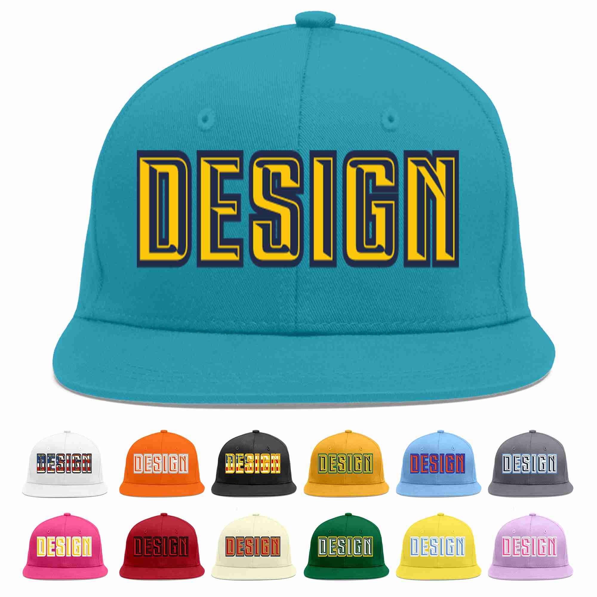 Custom Aqua Gold-Navy Flat Eaves Sport Baseball Cap Design for Men/Women/Youth