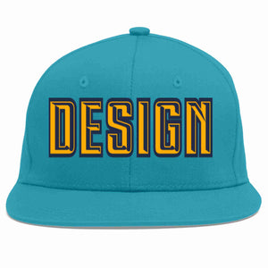 Custom Aqua Yellow-Navy Flat Eaves Sport Baseball Cap Design for Men/Women/Youth