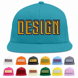 Custom Aqua Yellow-Navy Flat Eaves Sport Baseball Cap Design for Men/Women/Youth