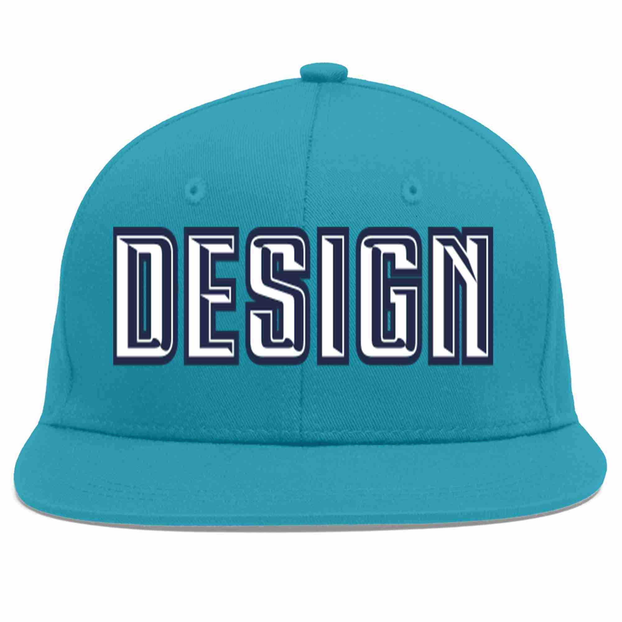 Custom Aqua White-Navy Flat Eaves Sport Baseball Cap Design for Men/Women/Youth