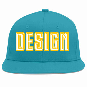 Custom Aqua White-Gold Flat Eaves Sport Baseball Cap Design for Men/Women/Youth