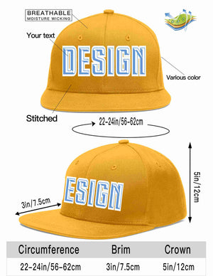 Custom Gold Light Blue-White Flat Eaves Sport Baseball Cap Design for Men/Women/Youth