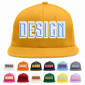 Custom Gold Light Blue-White Flat Eaves Sport Baseball Cap Design for Men/Women/Youth