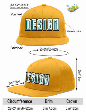 Custom Gold Aqua-White Flat Eaves Sport Baseball Cap Design for Men/Women/Youth