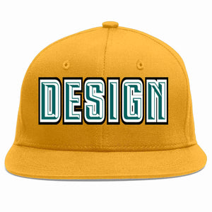 Custom Gold Aqua-White Flat Eaves Sport Baseball Cap Design for Men/Women/Youth