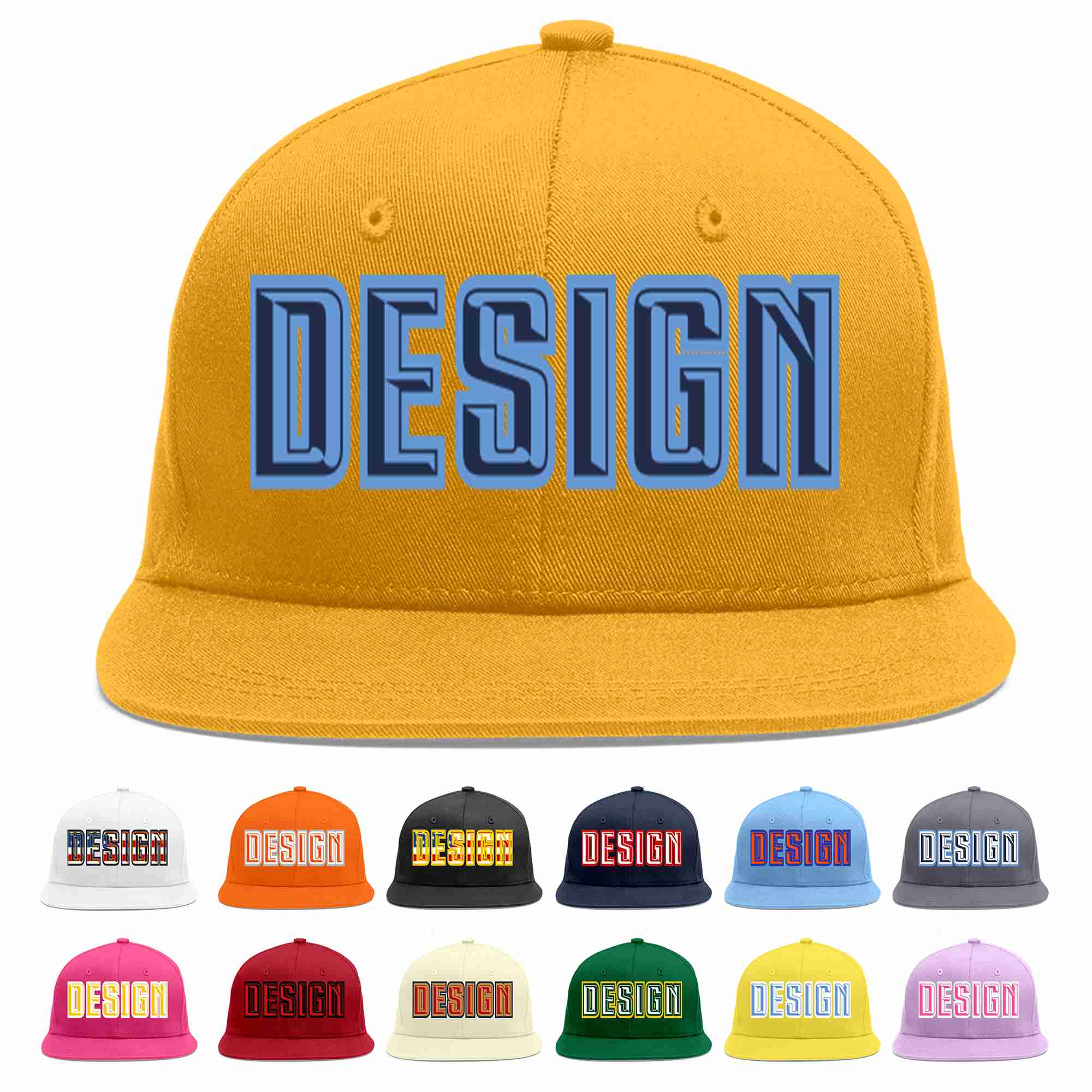 Custom Gold Navy-Light Blue Flat Eaves Sport Baseball Cap Design for Men/Women/Youth