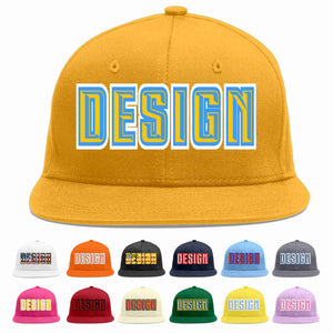 Custom Gold Gold-Powder Blue Flat Eaves Sport Baseball Cap Design for Men/Women/Youth