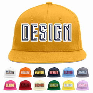 Custom Gold Navy-White Flat Eaves Sport Baseball Cap Design for Men/Women/Youth