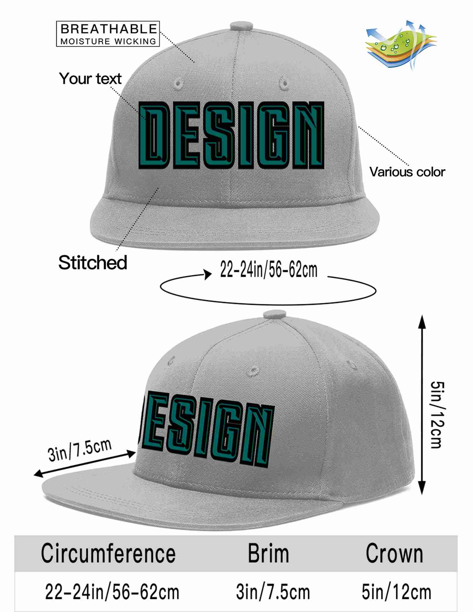 Custom Gray Aqua-Black Flat Eaves Sport Baseball Cap Design for Men/Women/Youth