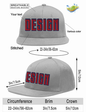 Custom Gray Red-Navy Flat Eaves Sport Baseball Cap Design for Men/Women/Youth